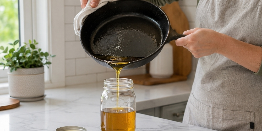 person carefully pouring golden used cooking oil