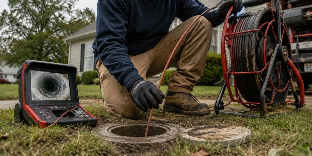 plumber inserting a drain inspection camera