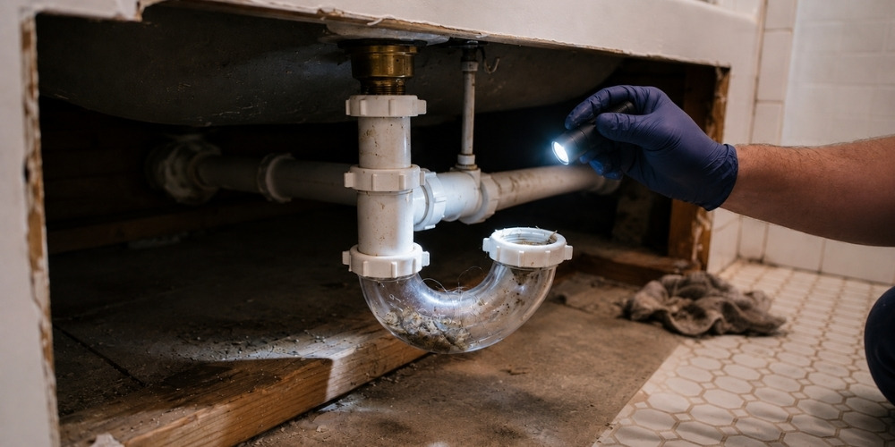 plumber inspecting the P-trap beneath a bathtub