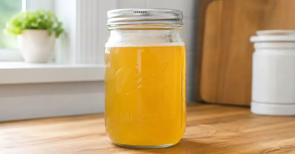 clean glass mason jar filled with golden-yellow strained bacon grease on a kitchen counter