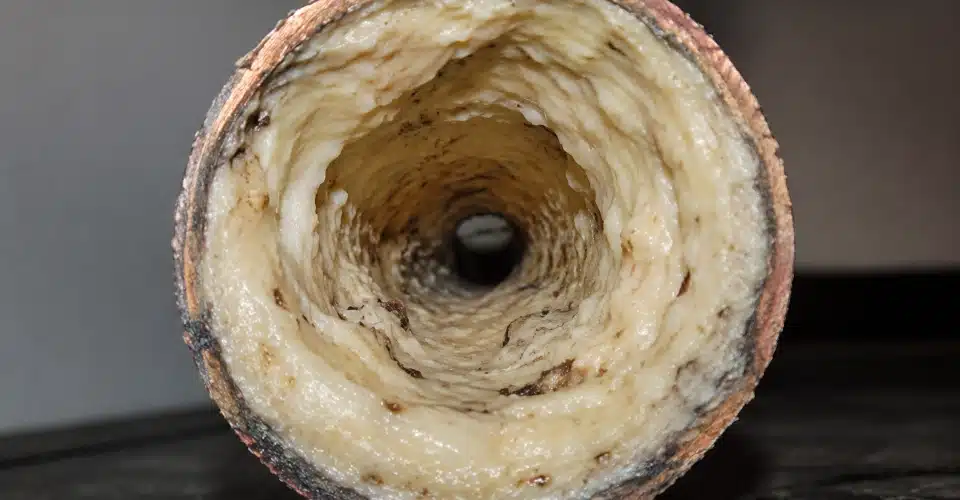 plumbing pipe cross-section showing congealed white grease buildup along interior walls