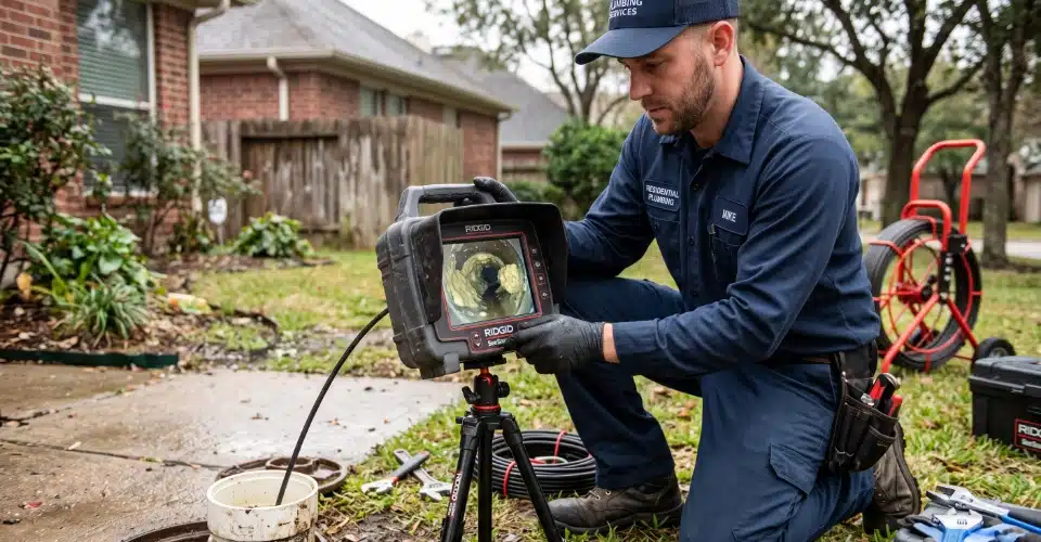 A plumber reviewing a camera inspection monitor showing the interior of a residential sewer pipe with grease buildup visible on the screen.