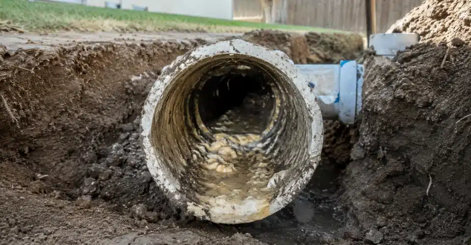 An outdoor excavation site showing a residential sewer lateral pipe being inspected, with visible grease residue