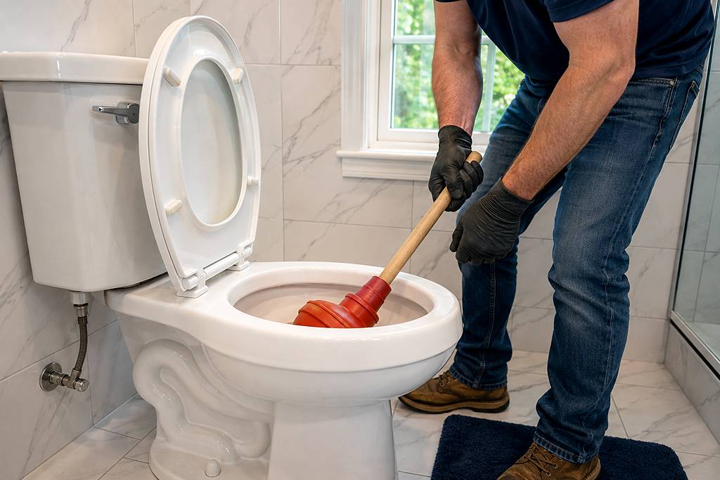 A homeowner using a flange plunger on a toilet with proper form, showing the rubber flange inserted into the drain opening, in a well-lit modern bathroom.