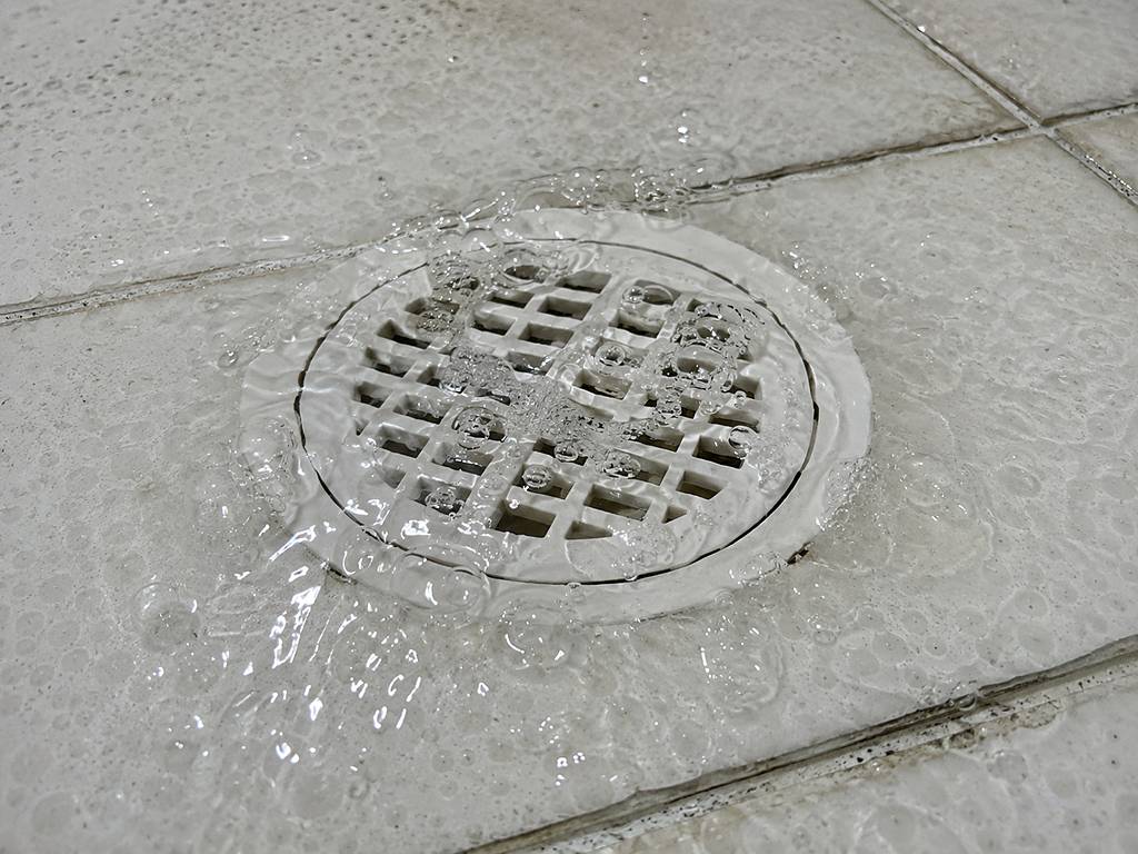 A floor-level bathroom drain with visible water backup and bubbling, illustrating the symptom of a main sewer line clog.