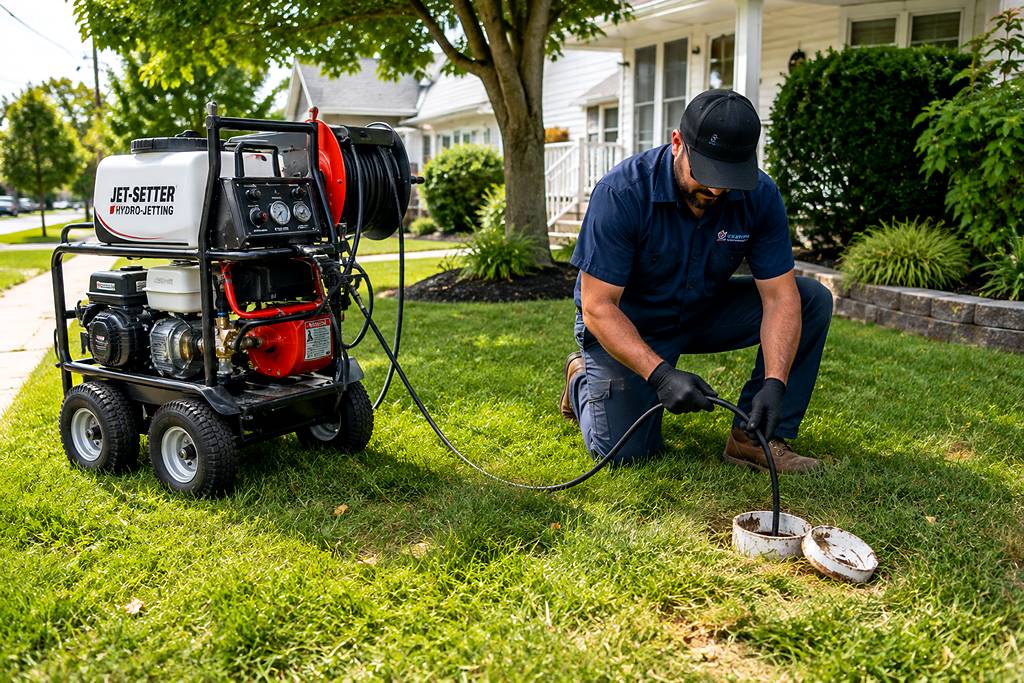 A plumber operating a hydro-jetting machine connected to an outdoor sewer cleanout access point, showing the hose entering the pipe, on a residential front yard in daylight.