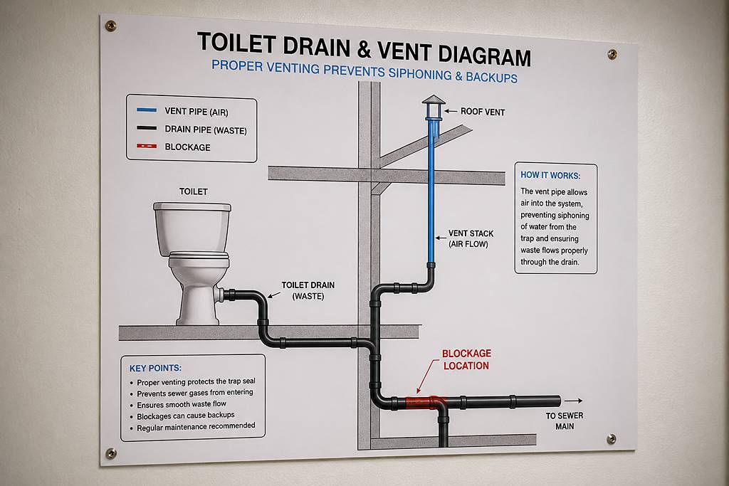 A cross-section diagram showing a toilet drain system connected to a vent stack and main sewer line, with a highlighted blockage point causing air to travel backward.