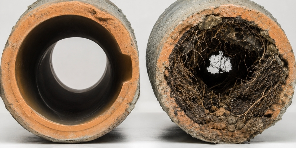 two cut-away sewer pipe cross-sections