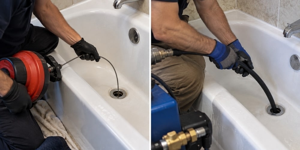 using different motorized drain augers and hoses to clear a clogged bathtub drain