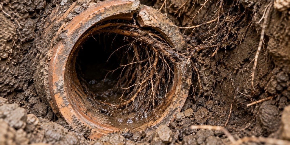 older clay sewer pipe with tree-root intrusion