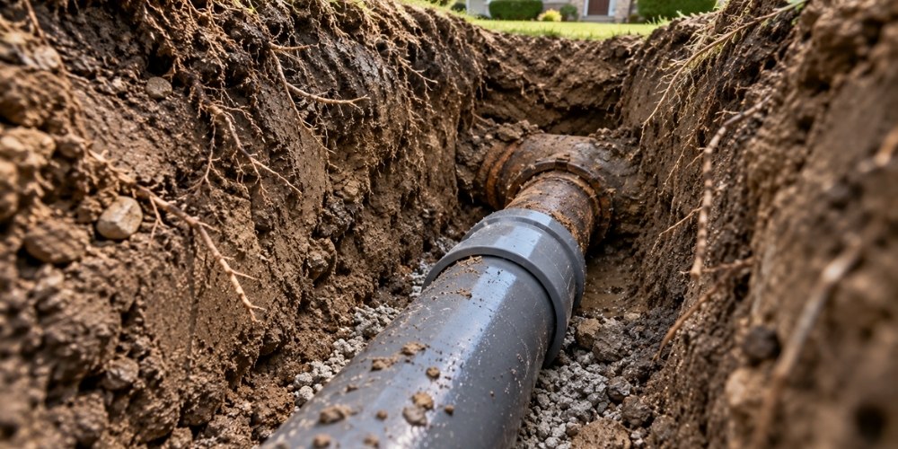 newly installed section of dark-gray PVC sewer pipe