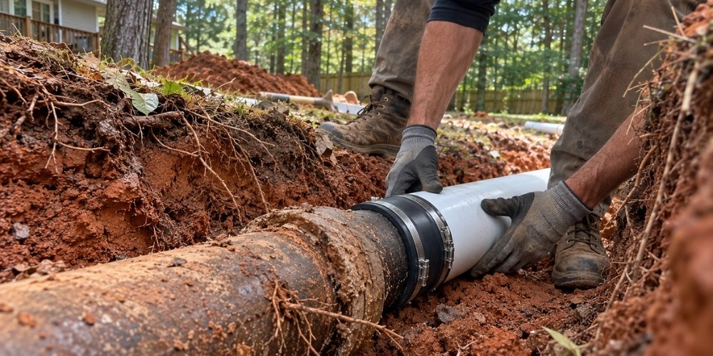 underground sewer pipe repair in the backyard