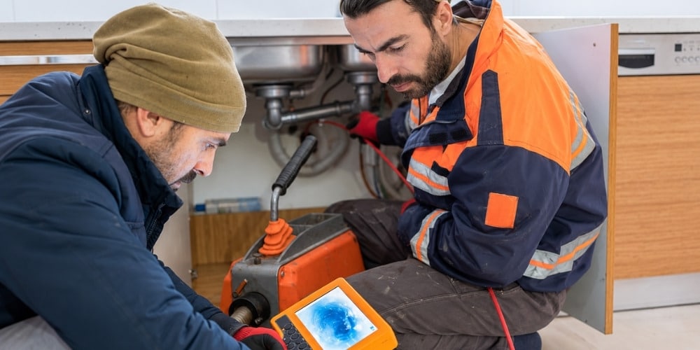 Plumbers inspecting sink plumbing