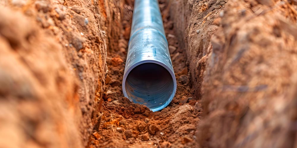 metal pipe being installed trench dirt underground water line