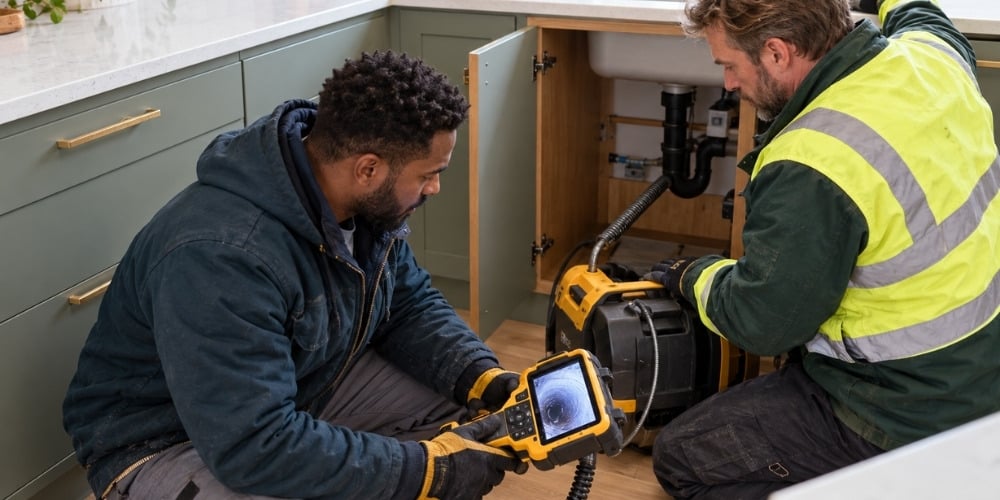 plumbers use a specialized pipe inspection camera